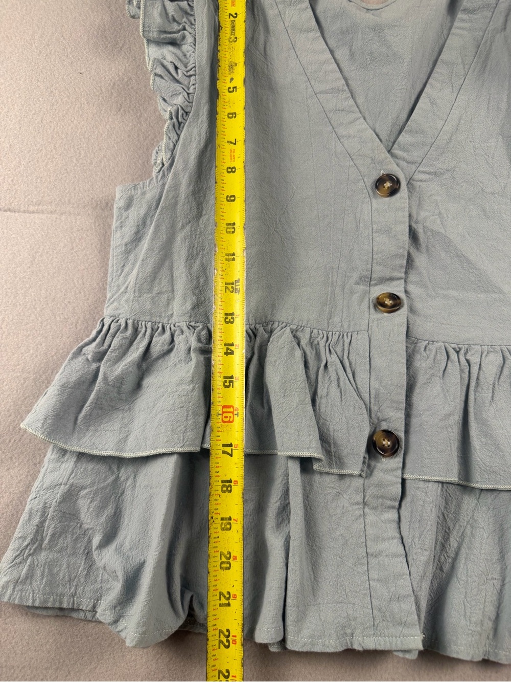 Sleeveless Light Blue Ruffle Button-Front V-Neck Blouse - Picture 2 of 6